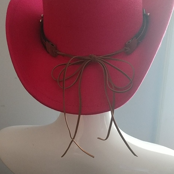 New Pink Unisex Western Cowboy Outback Boho Hat with Steer Head Tie Band - Picture 10 of 13
